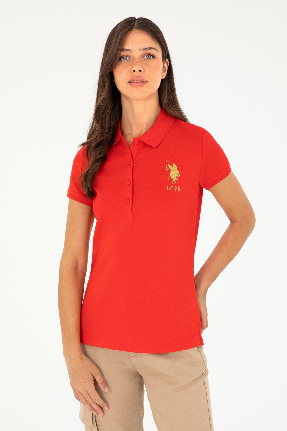 U.S. Polo Assn. crvena ženska polo majica s velikim zlatnim logom