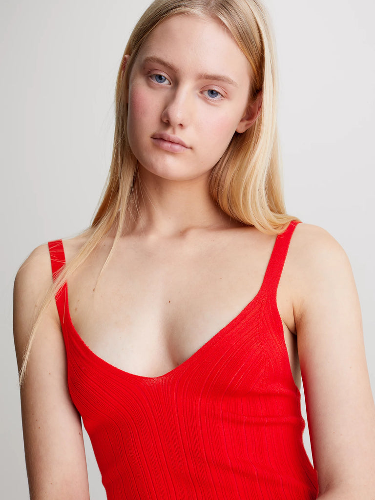 Calvin Klein crvena ženska haljina s rebrastim uzorkom-[SKU]