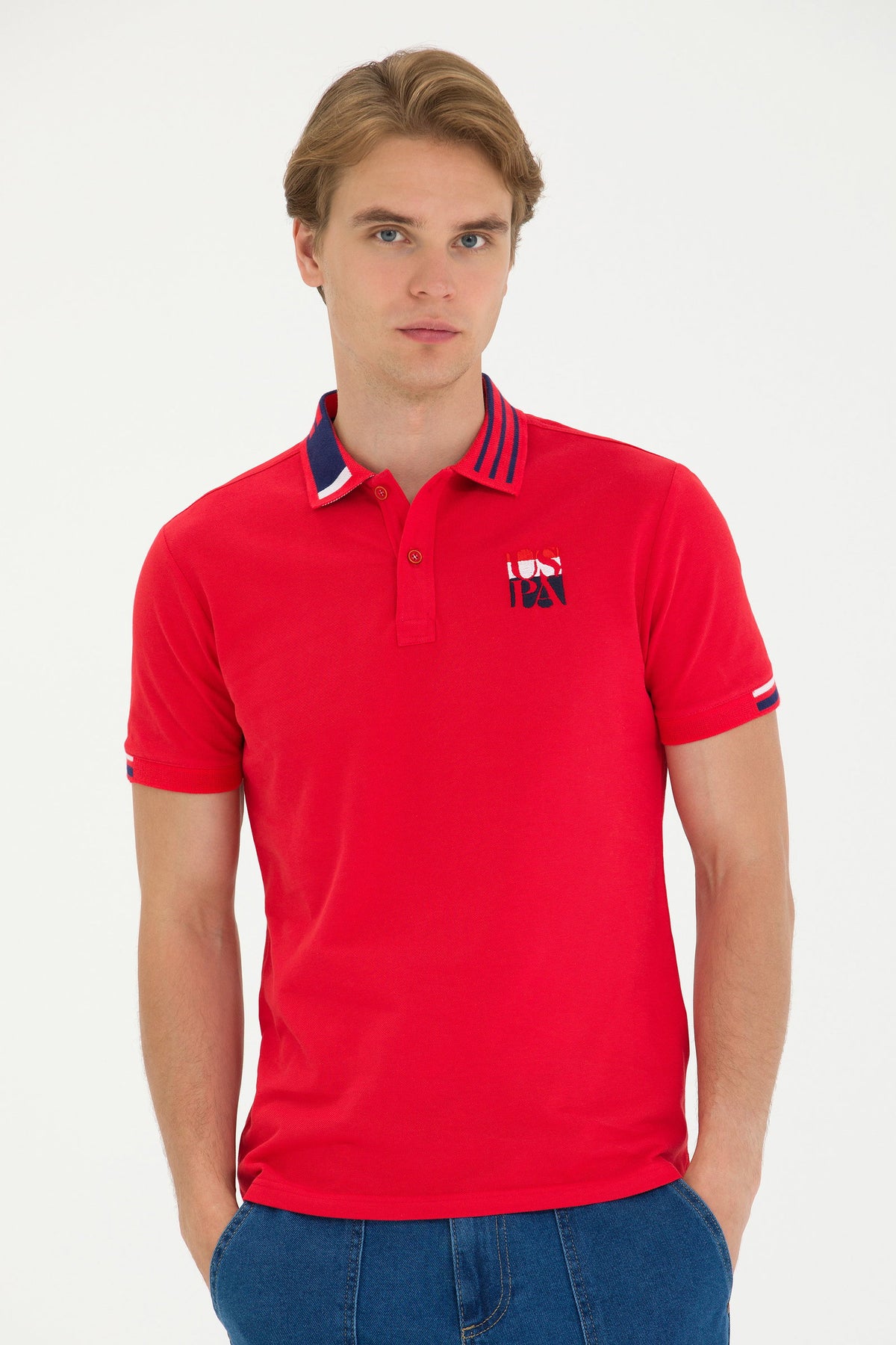U.S. Polo Assn. crvena muška polo majica s prugastom kragnom i printom na prsima
