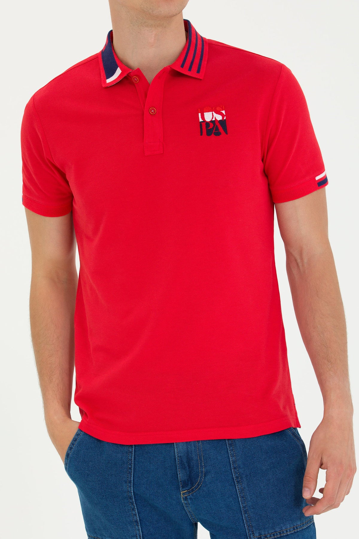 U.S. Polo Assn. crvena muška polo majica s prugastom kragnom i printom na prsima