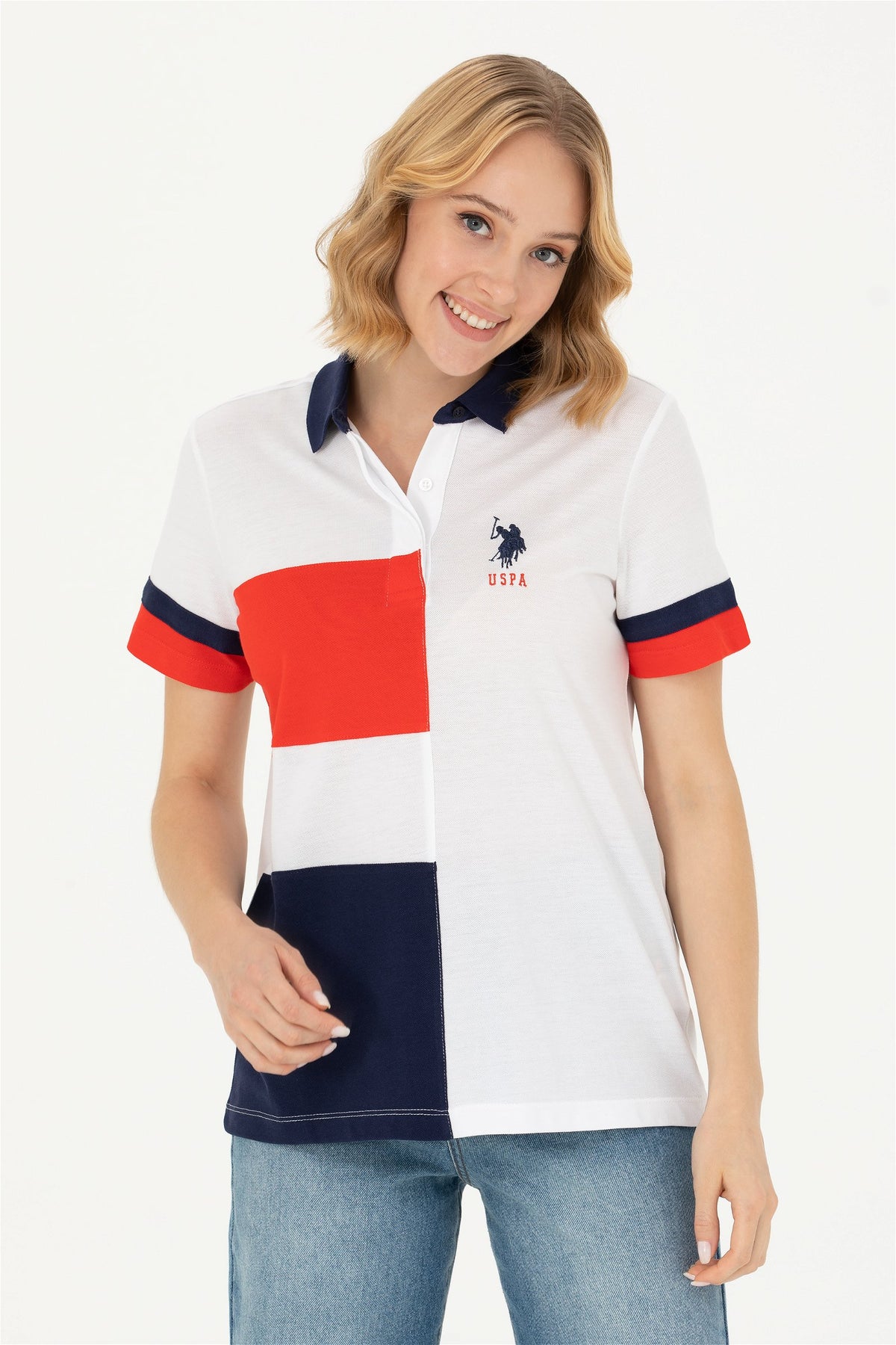 U.S. Polo Assn. bijela ženska polo majica u blokovima boja s velikim logom