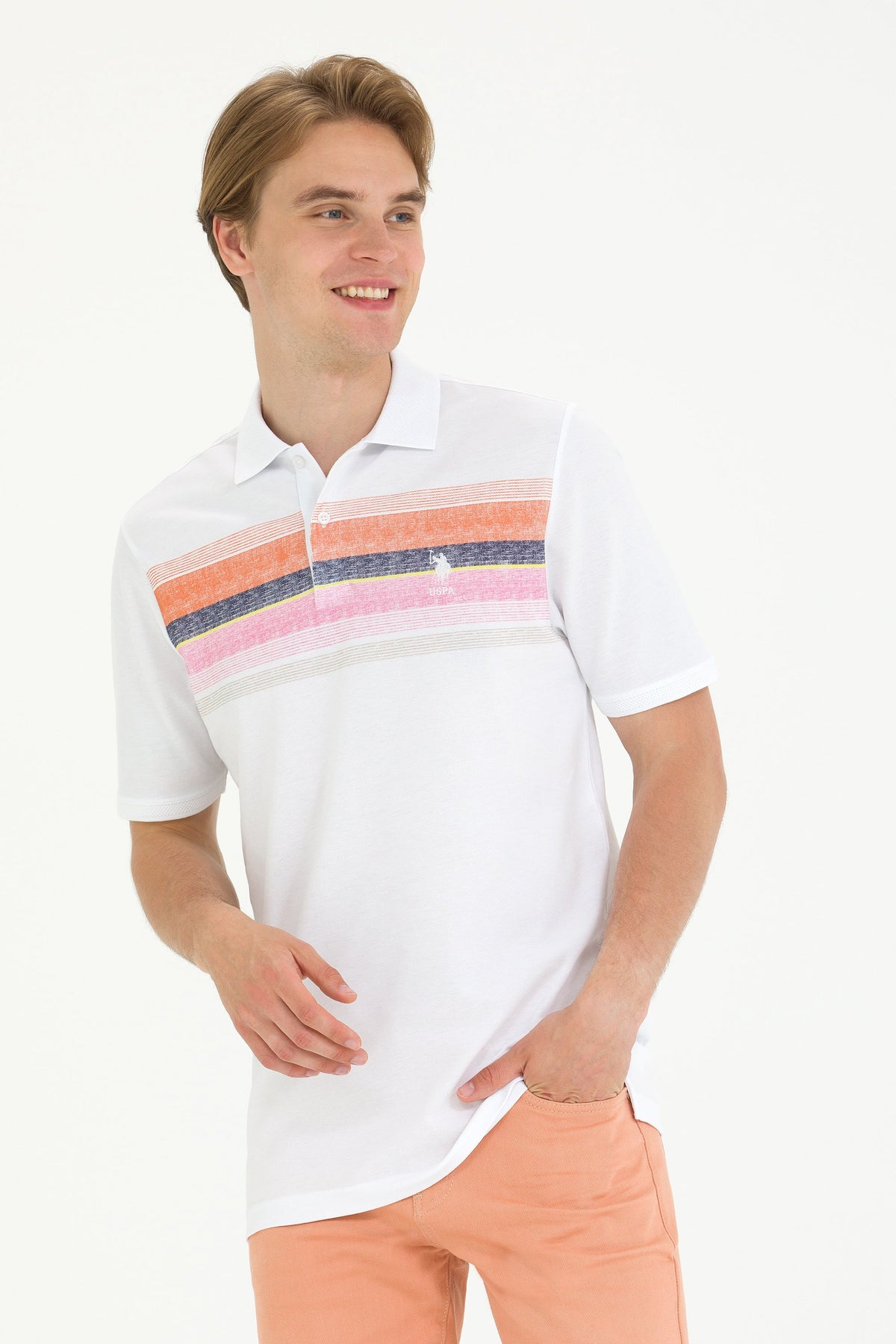 U.S. Polo Assn. bijela muška polo majica s prugastim printom na prsima
