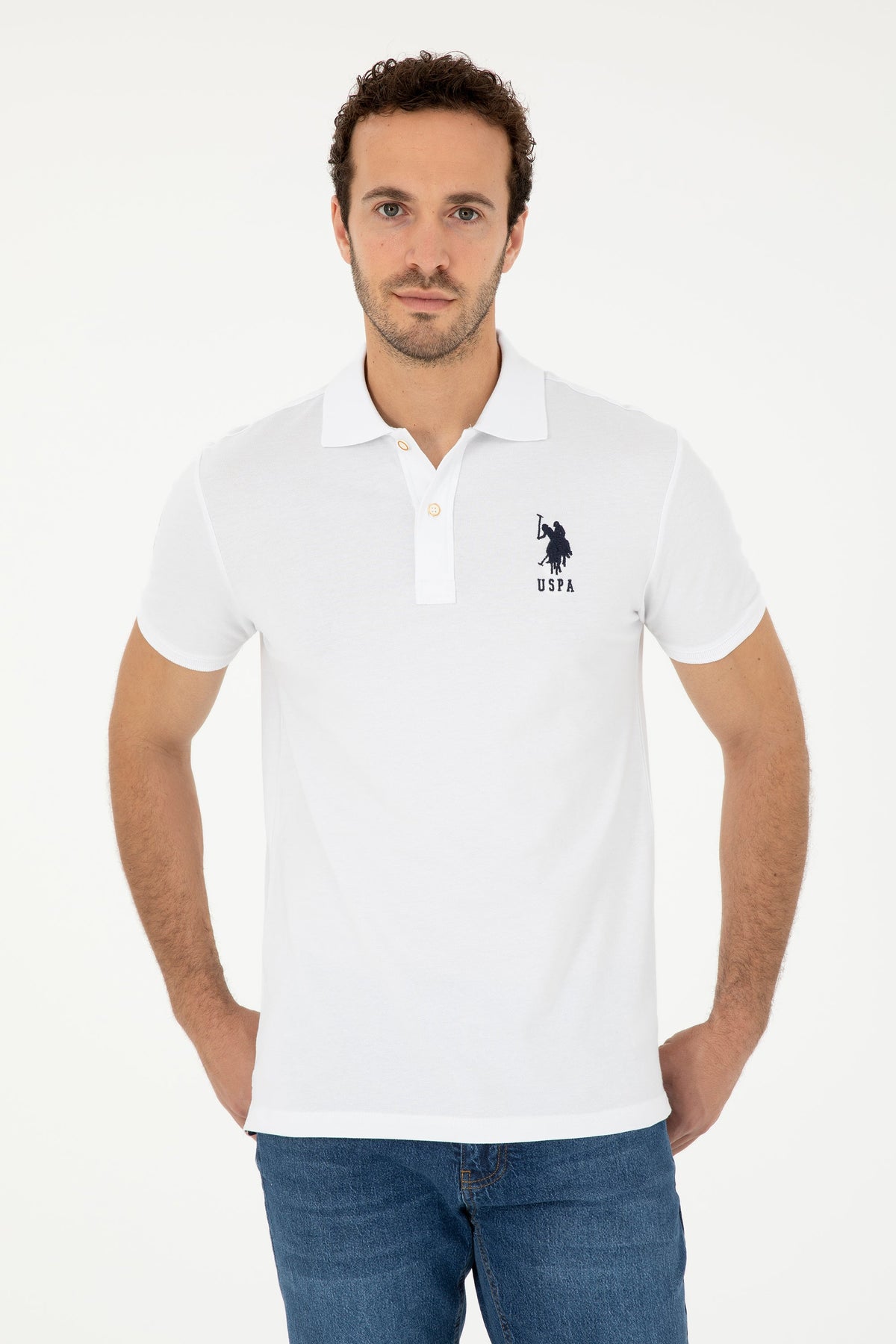 U.S. Polo Assn. bijela muška polo majica s brojem na rukavu