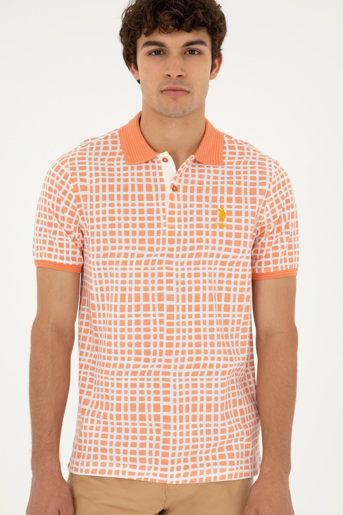 U.S. Polo Assn. muška polo majica boje lososa s karirano-linijskim uzorkom
