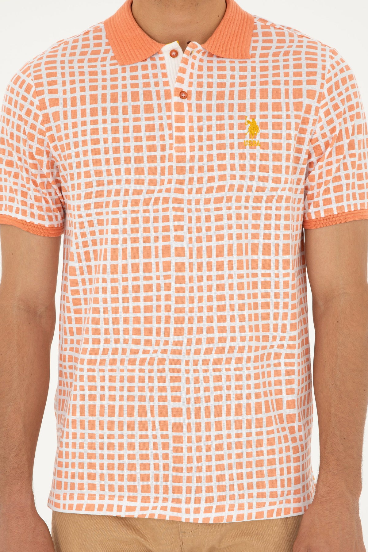 U.S. Polo Assn. muška polo majica boje lososa s karirano-linijskim uzorkom
