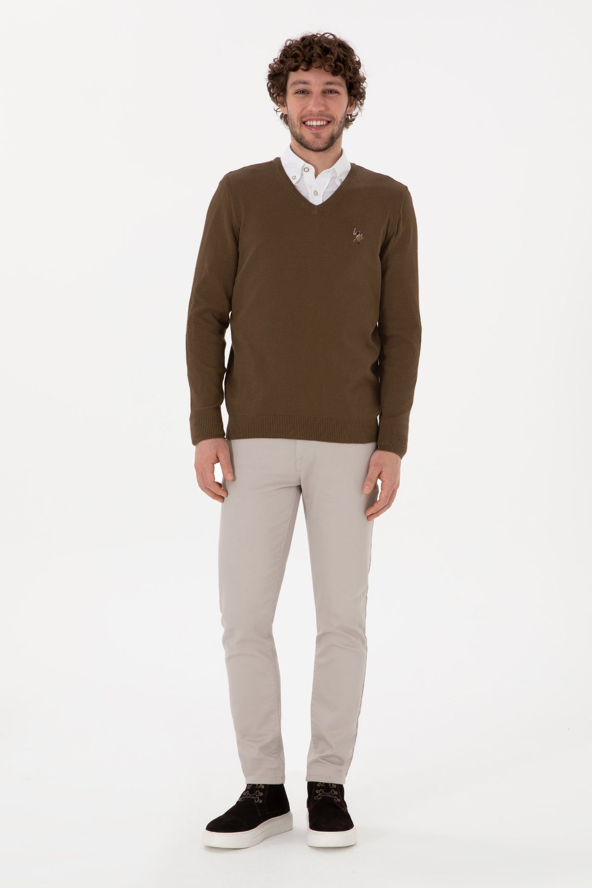 U.S. Polo Assn. khaki muški džemper s V izrezom