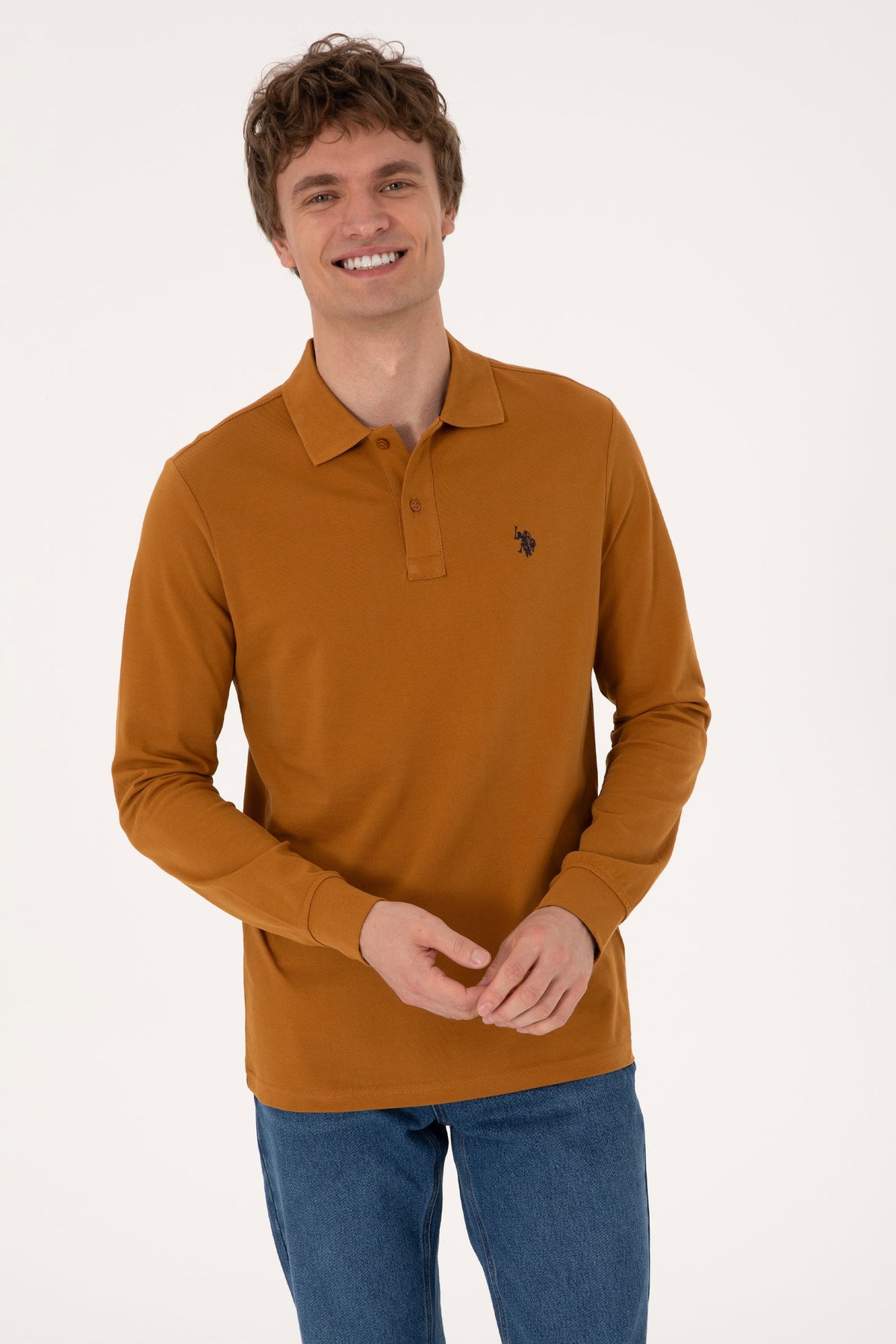 U.S. Polo Assn. smeđa muška majica dugih rukava s polo kragnom