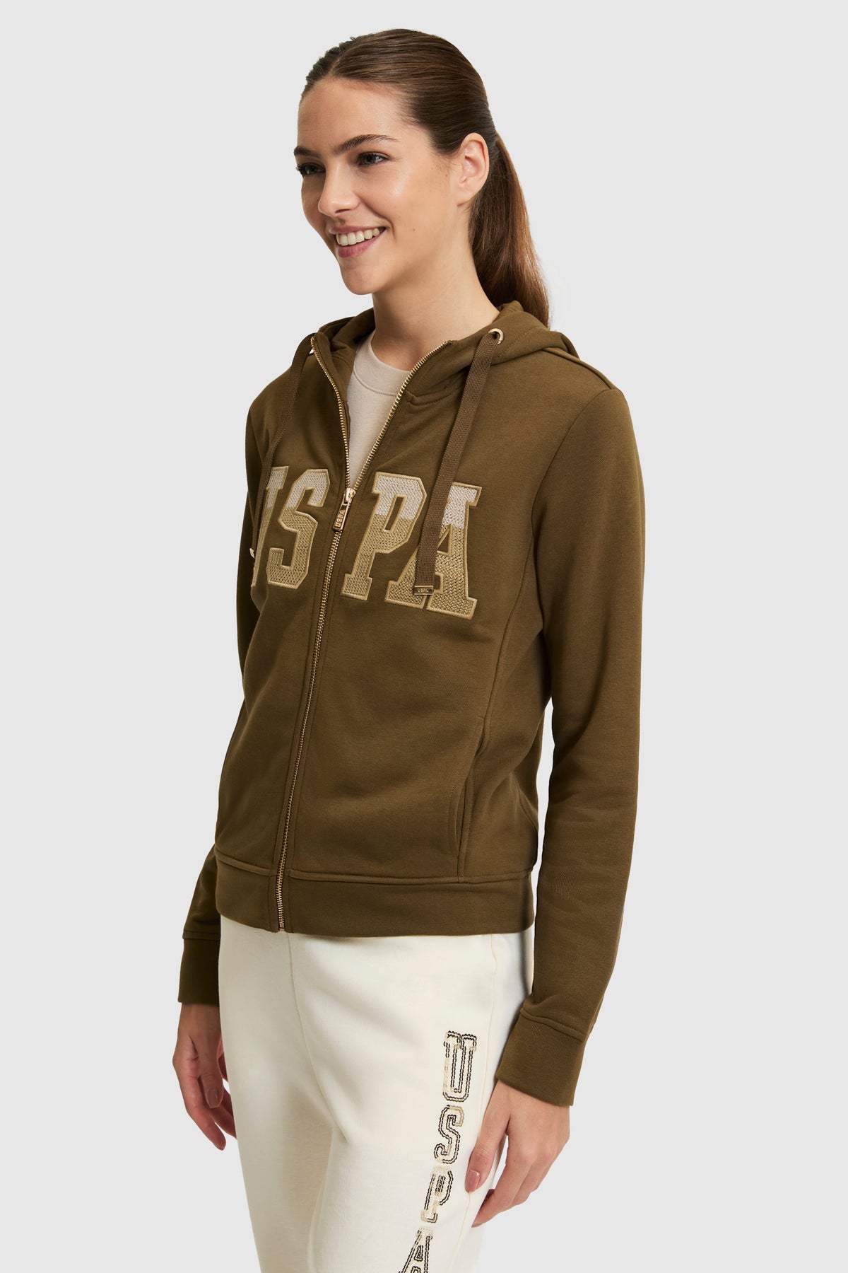 U.S. Polo Assn. khaki ženska majica dugih rukava s kapuljačom, rajsferšlusom i zlatnim logotipom