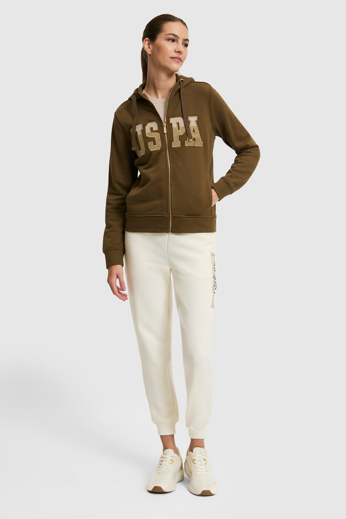 U.S. Polo Assn. khaki ženska majica dugih rukava s kapuljačom, rajsferšlusom i zlatnim logotipom