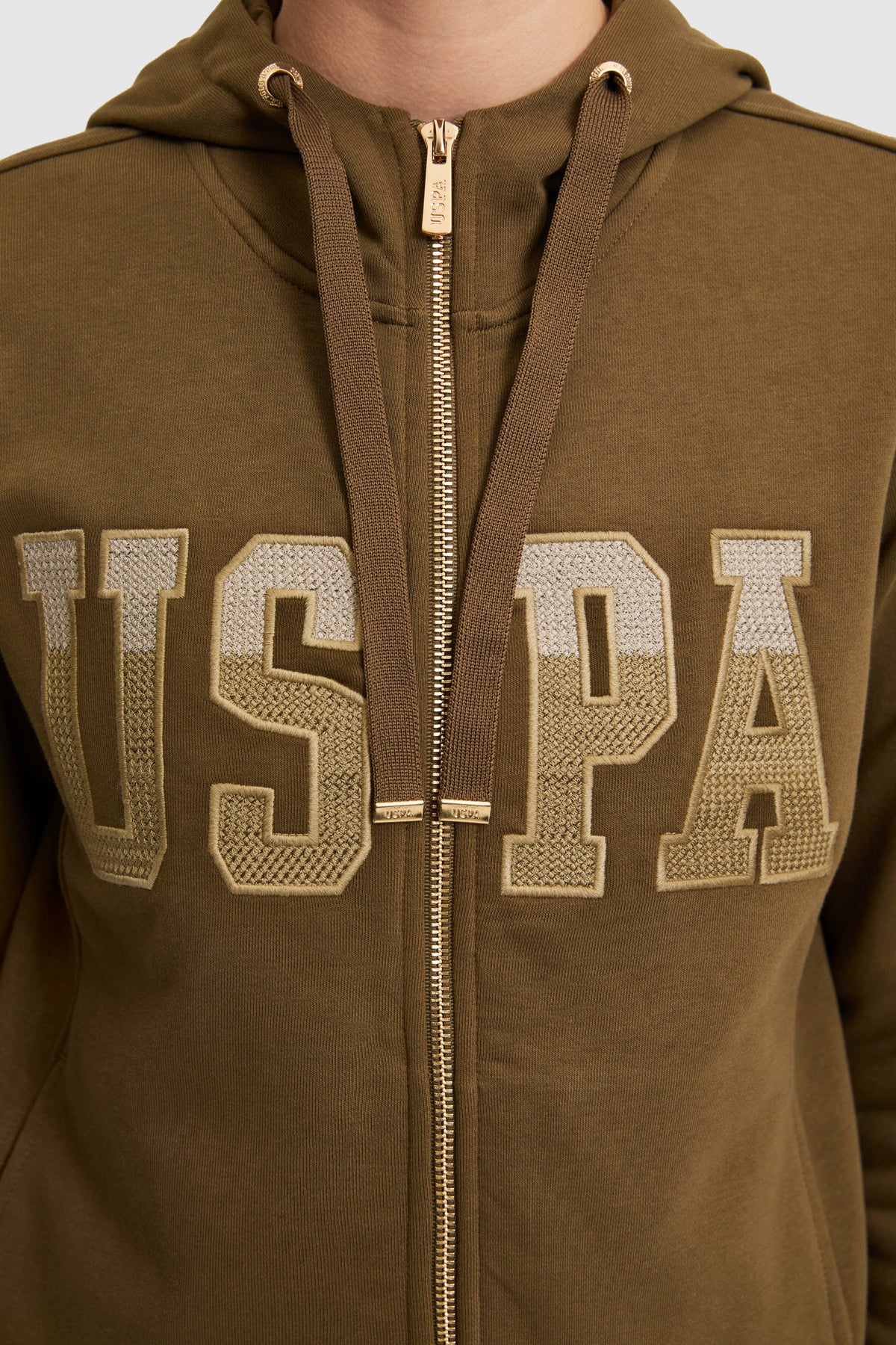 U.S. Polo Assn. khaki ženska majica dugih rukava s kapuljačom, rajsferšlusom i zlatnim logotipom