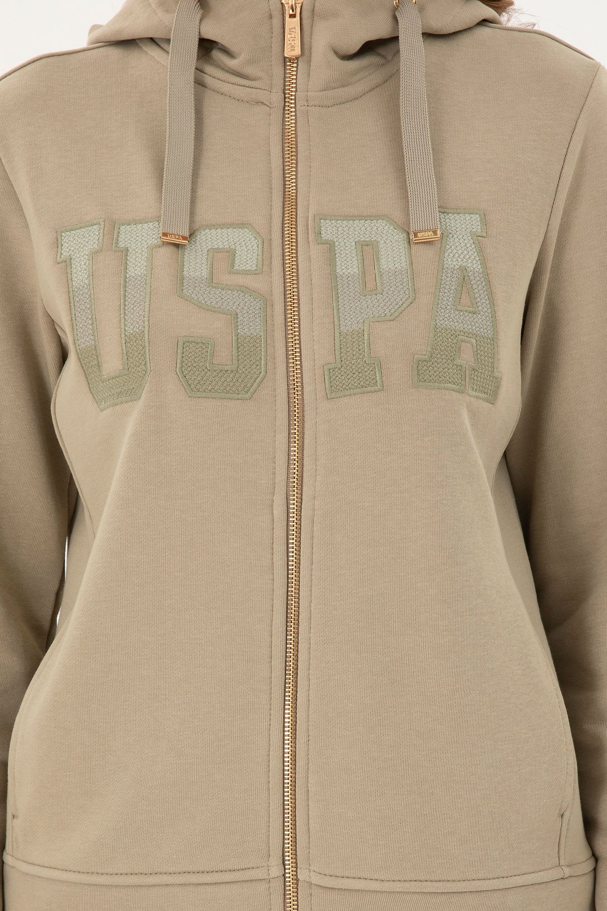 U.S. Polo Assn. bež ženska majica dugih rukava s kapuljačom, rajsferšlusom i zlatnim logotipom