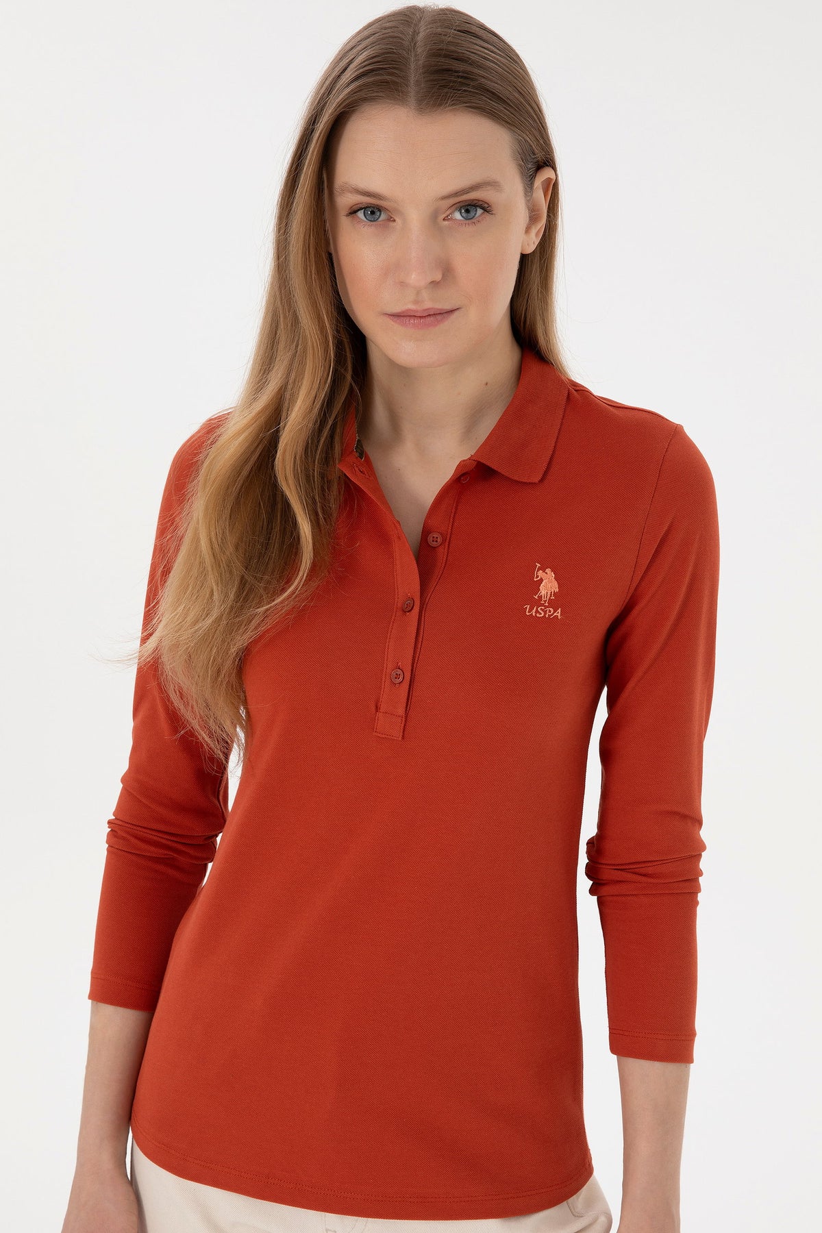 U.S. Polo Assn. ciglasto crvena ženska majica dugih rukava s polo kragnom