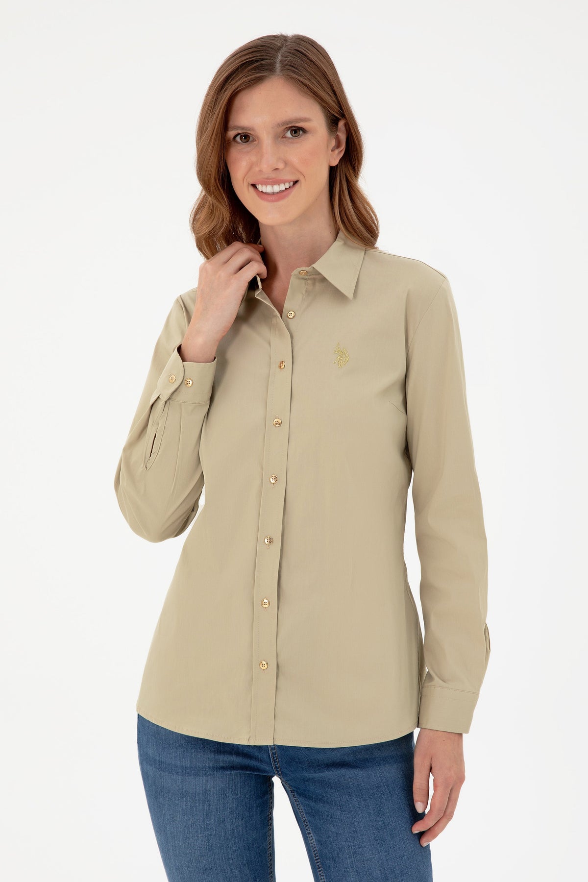 U.S. Polo Assn. khaki ženska košulja sa zlatnim dugmadima