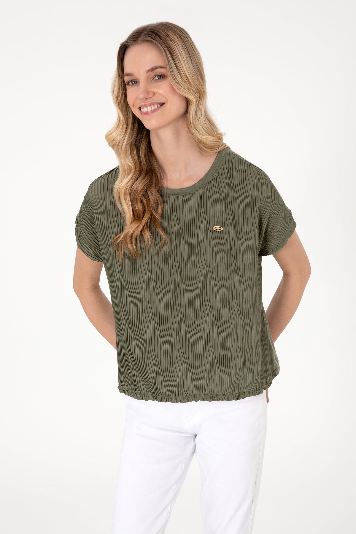 U.S. Polo Assn. khaki ženska majica naborane teksture s elastičnim rubom