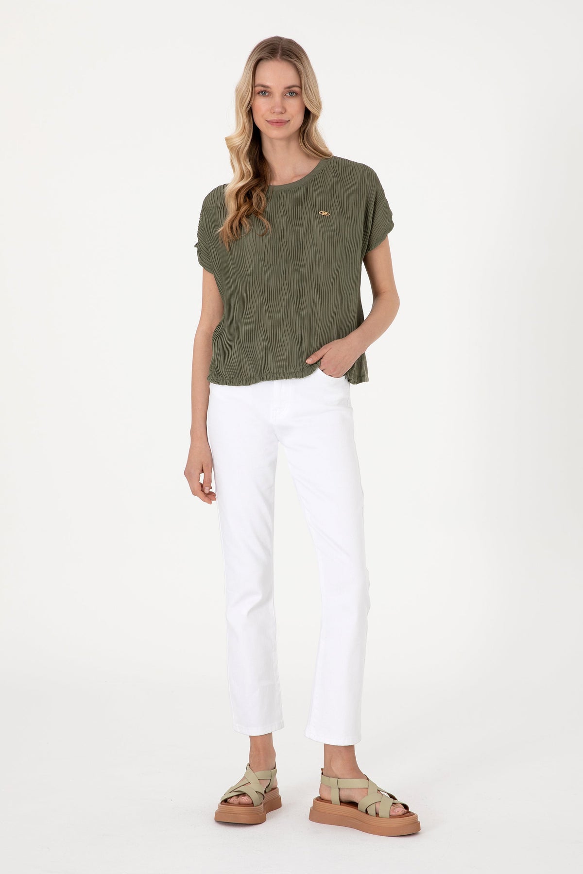 U.S. Polo Assn. khaki ženska majica naborane teksture s elastičnim rubom