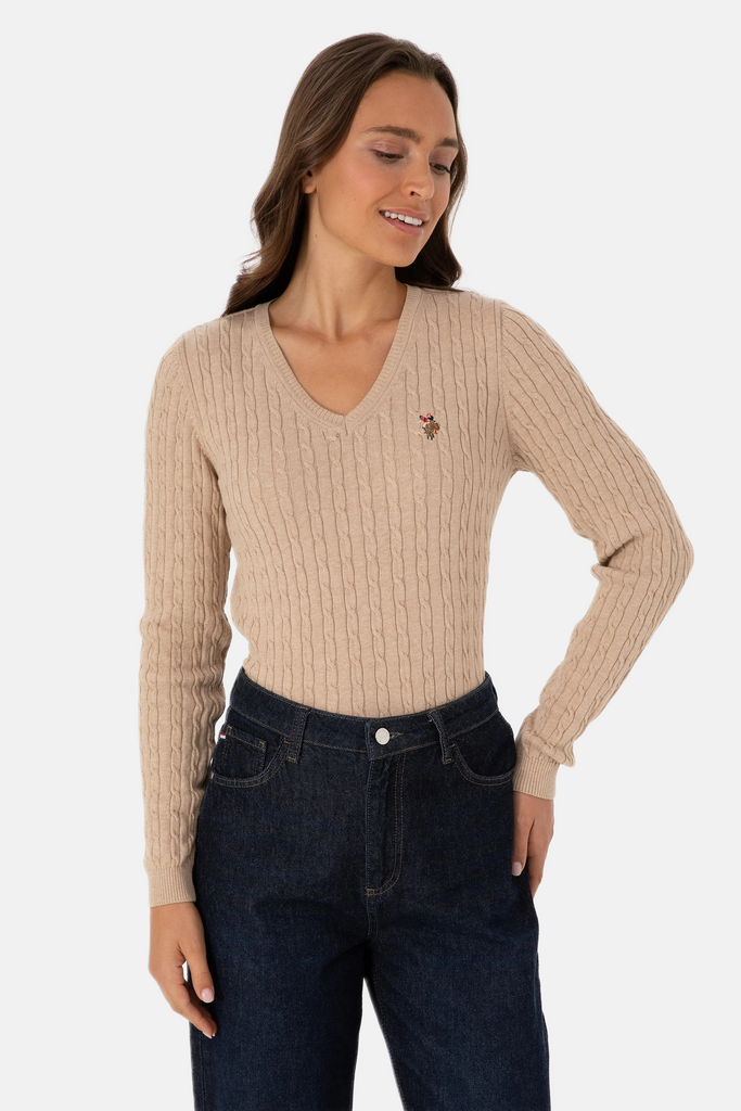 U.S. Polo Assn. bež ženski džemper na V izrez-[SKU]