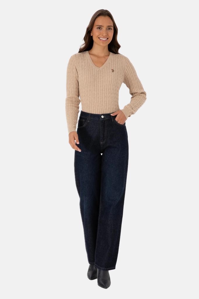 U.S. Polo Assn. bež ženski džemper na V izrez-[SKU]