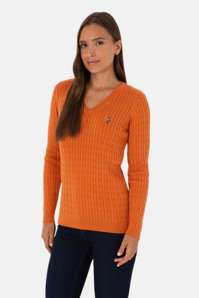 U.S. Polo Assn. narandžasti ženski džemper na V izrez-[SKU]