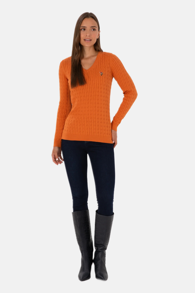 U.S. Polo Assn. narandžasti ženski džemper na V izrez-[SKU]