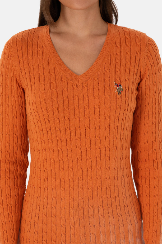 U.S. Polo Assn. narandžasti ženski džemper na V izrez-[SKU]