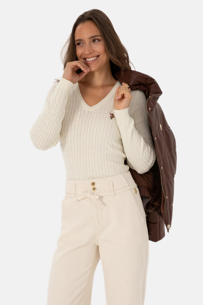 U.S. Polo Assn. bijeli ženski džemper na V izrez-[SKU]