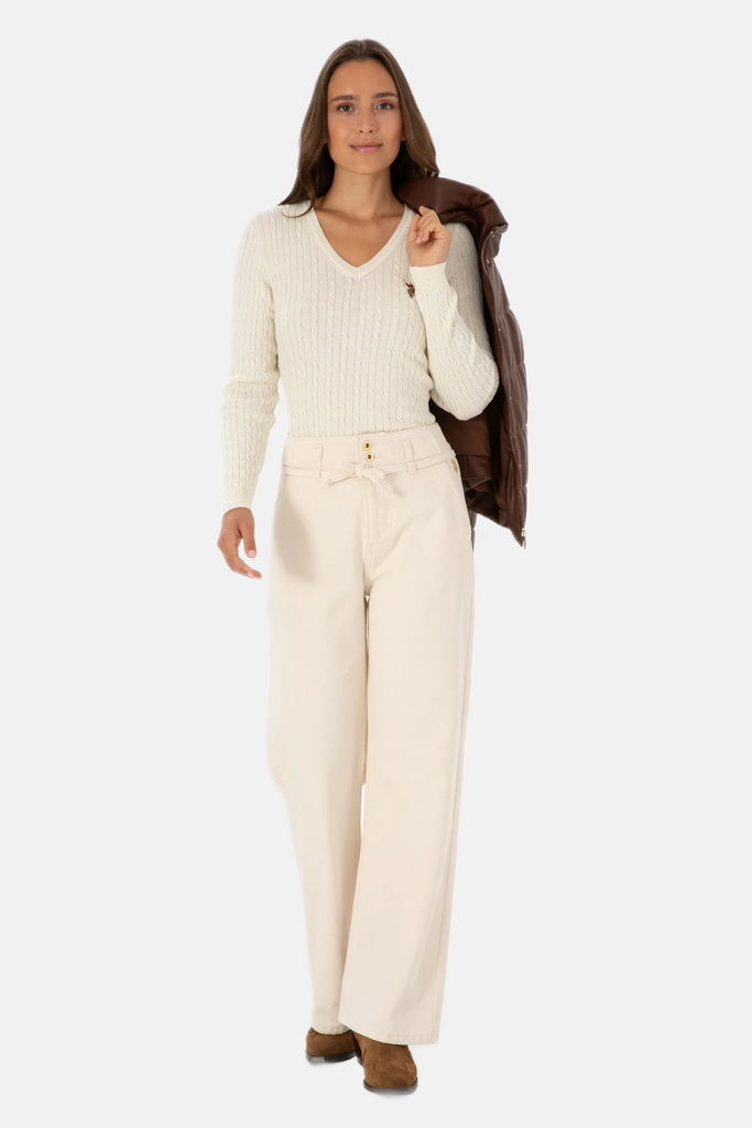 U.S. Polo Assn. bijeli ženski džemper na V izrez-[SKU]