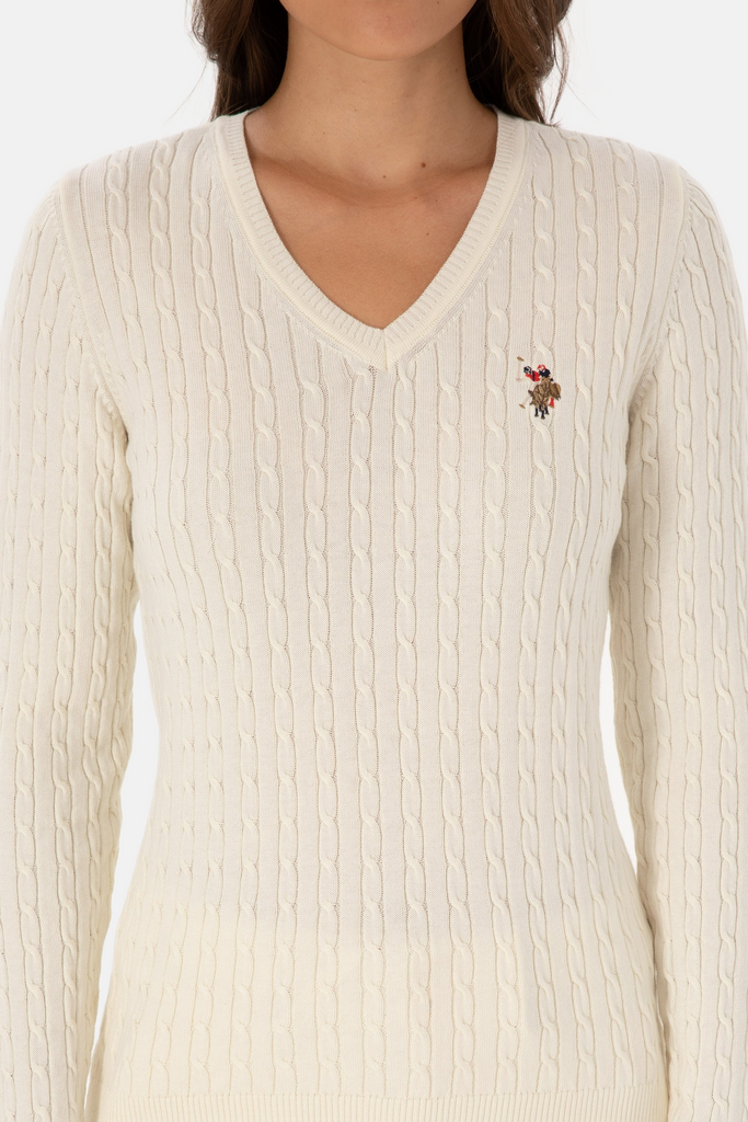 U.S. Polo Assn. bijeli ženski džemper na V izrez-[SKU]