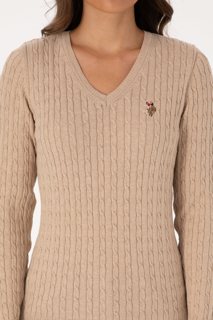 U.S. Polo Assn. bež ženski džemper na V izrez-[SKU]