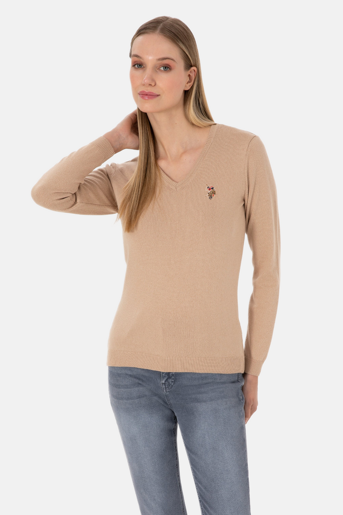 U.S. Polo Assn. bež ženski džemper na V izrez-[SKU]