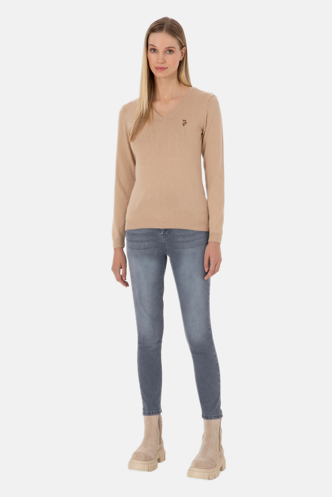 U.S. Polo Assn. bež ženski džemper na V izrez-[SKU]