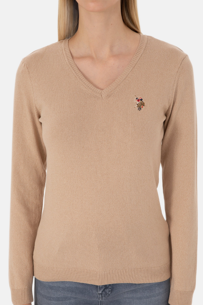 U.S. Polo Assn. bež ženski džemper na V izrez-[SKU]
