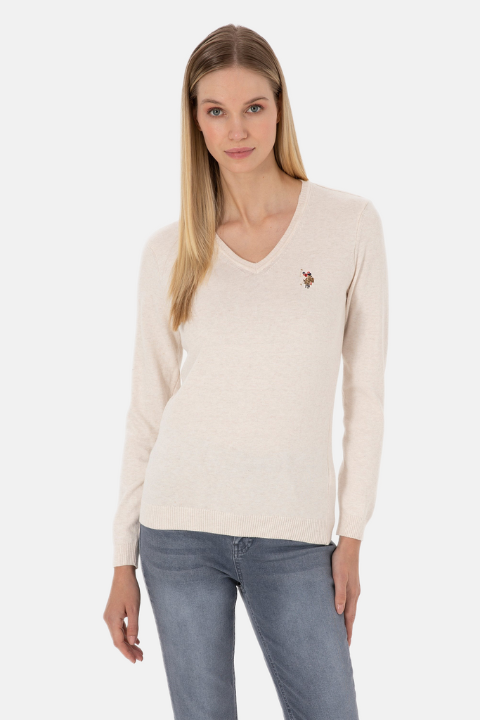 U.S. Polo Assn. bež ženski džemper na V izrez-[SKU]