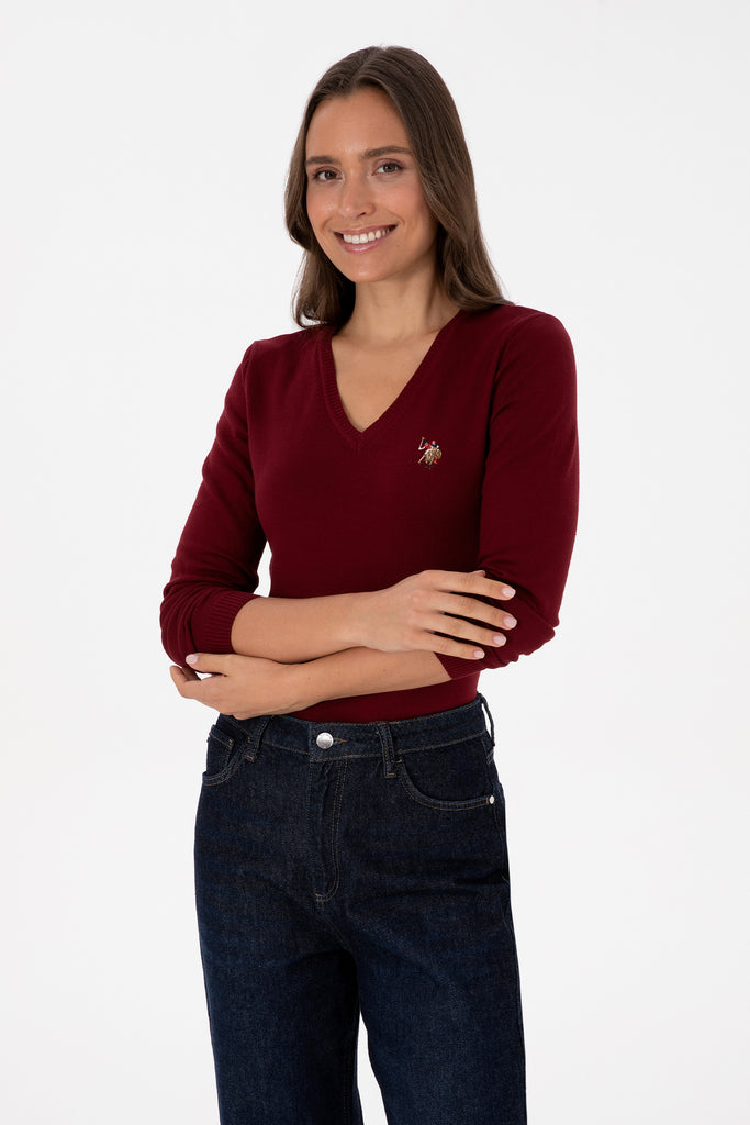 U.S. Polo Assn. bordo ženski džemper na V izrez-[SKU]