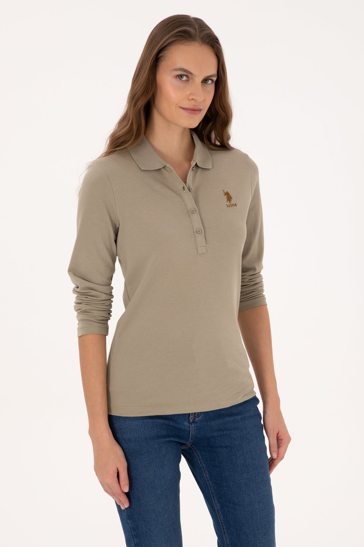 U.S. Polo Assn. khaki ženska majica dugih rukava s polo kragnom i malim logotipom