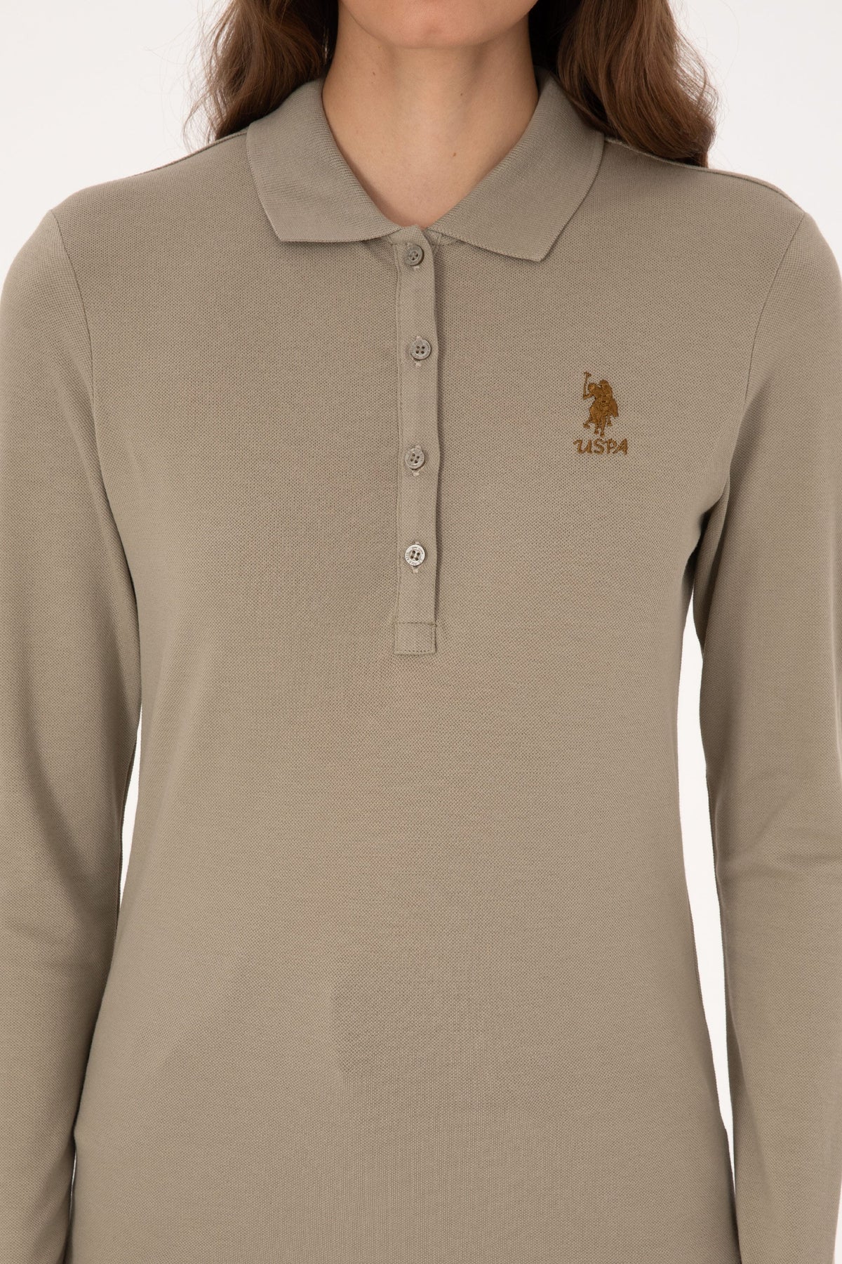 U.S. Polo Assn. khaki ženska majica dugih rukava s polo kragnom i malim logotipom