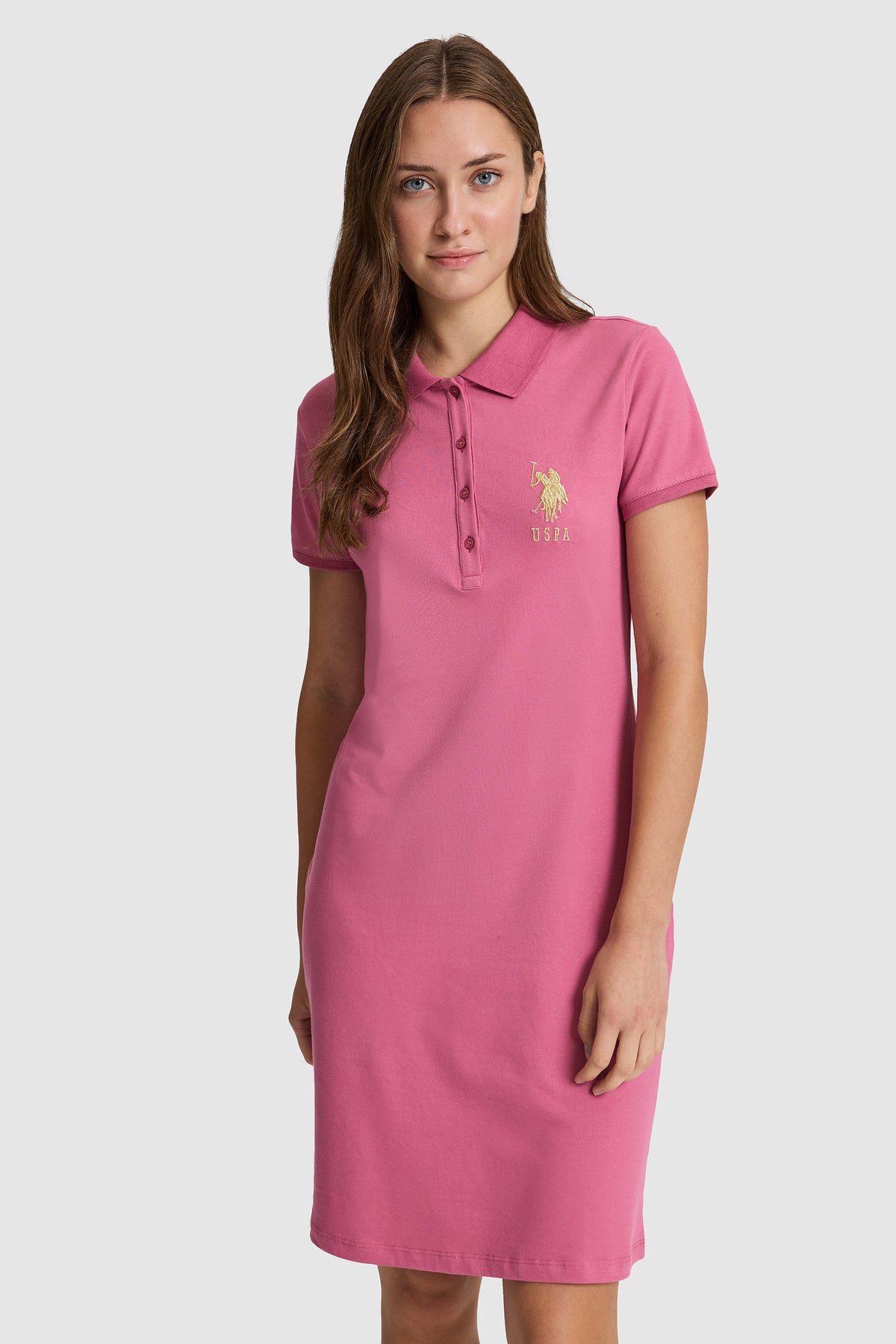 U.S. Polo Assn. roza ženska midi haljina s polo kragnom