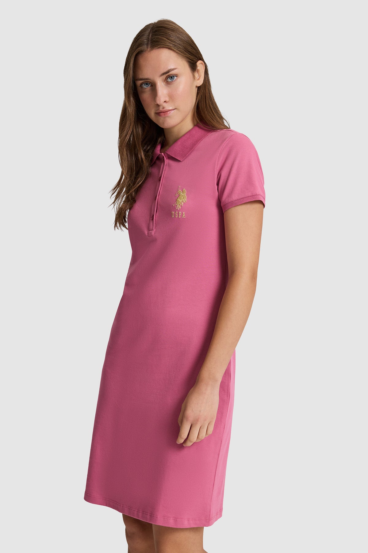 U.S. Polo Assn. roza ženska midi haljina s polo kragnom