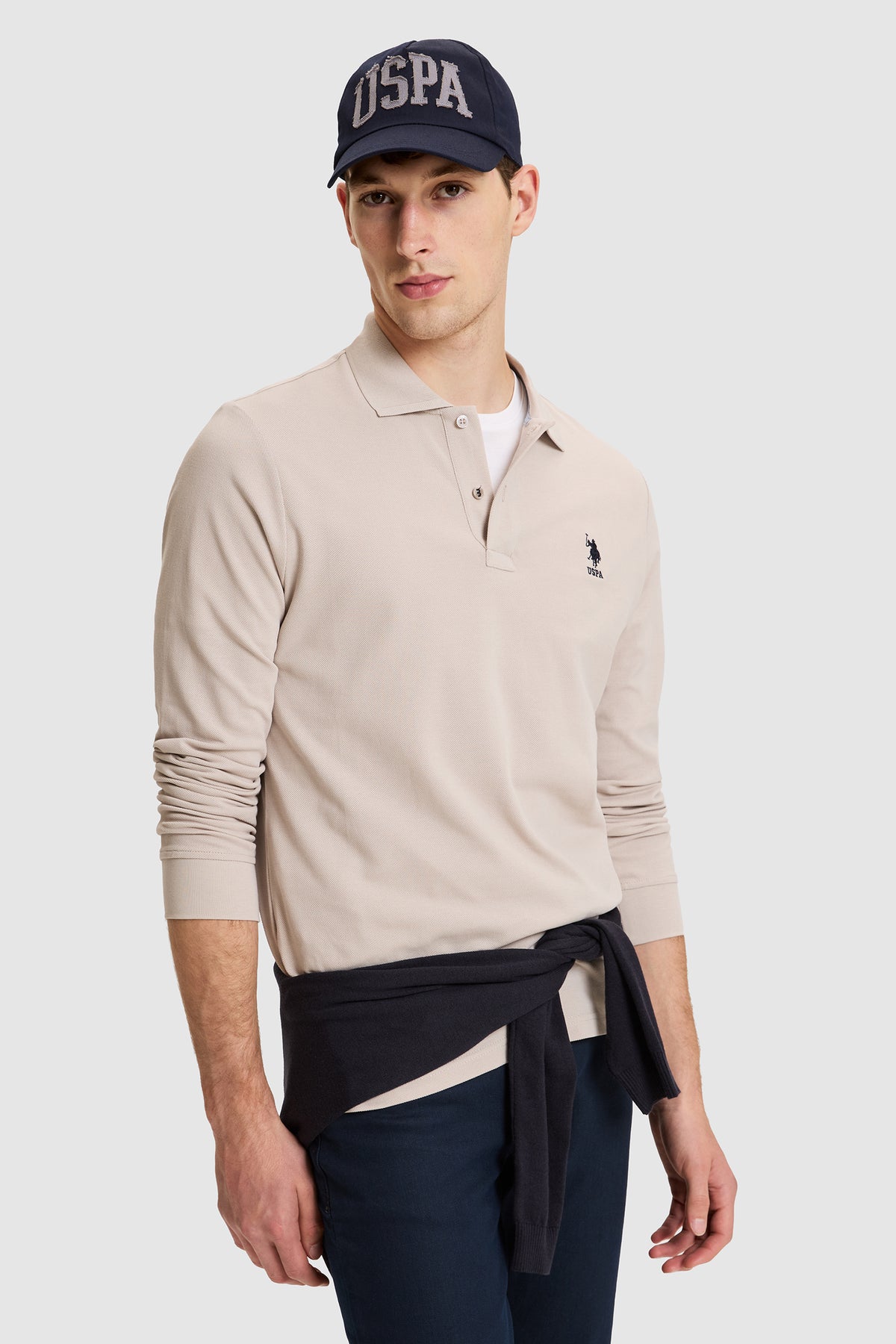 U.S. Polo Assn. bež muška polo majica dugih rukava s teget logom