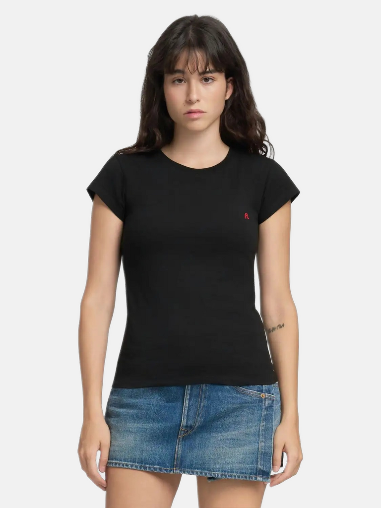 Replay crna ženska majica sa diskretnim crvenim logom-[SKU]