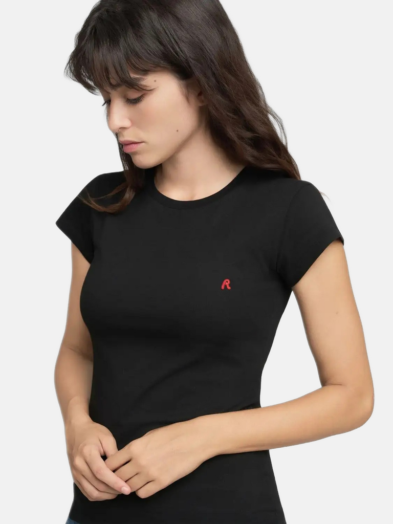 Replay crna ženska majica sa diskretnim crvenim logom-[SKU]