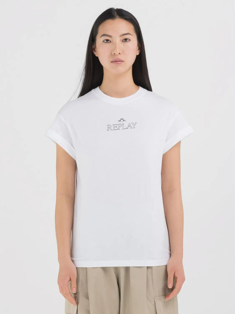 Replay bijela ženska majica sa crnim logom brenda