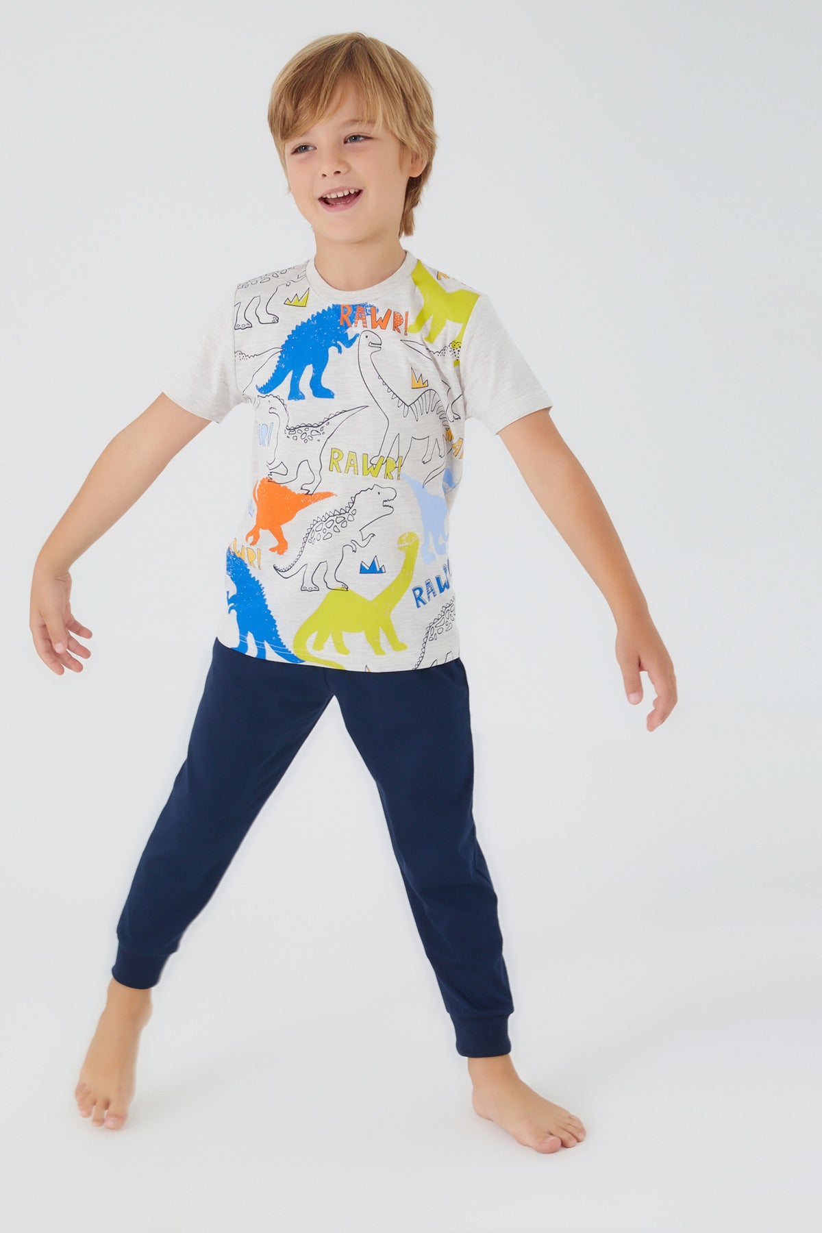 RolyPoly bež komplet za dječake s dinosaurus uzorkom