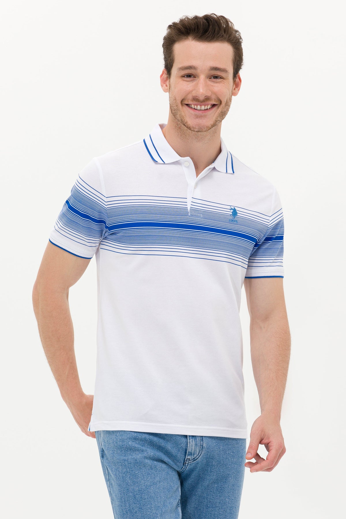 U.S. Polo Assn. bijela muška polo majica s plavim prugama u prelazu