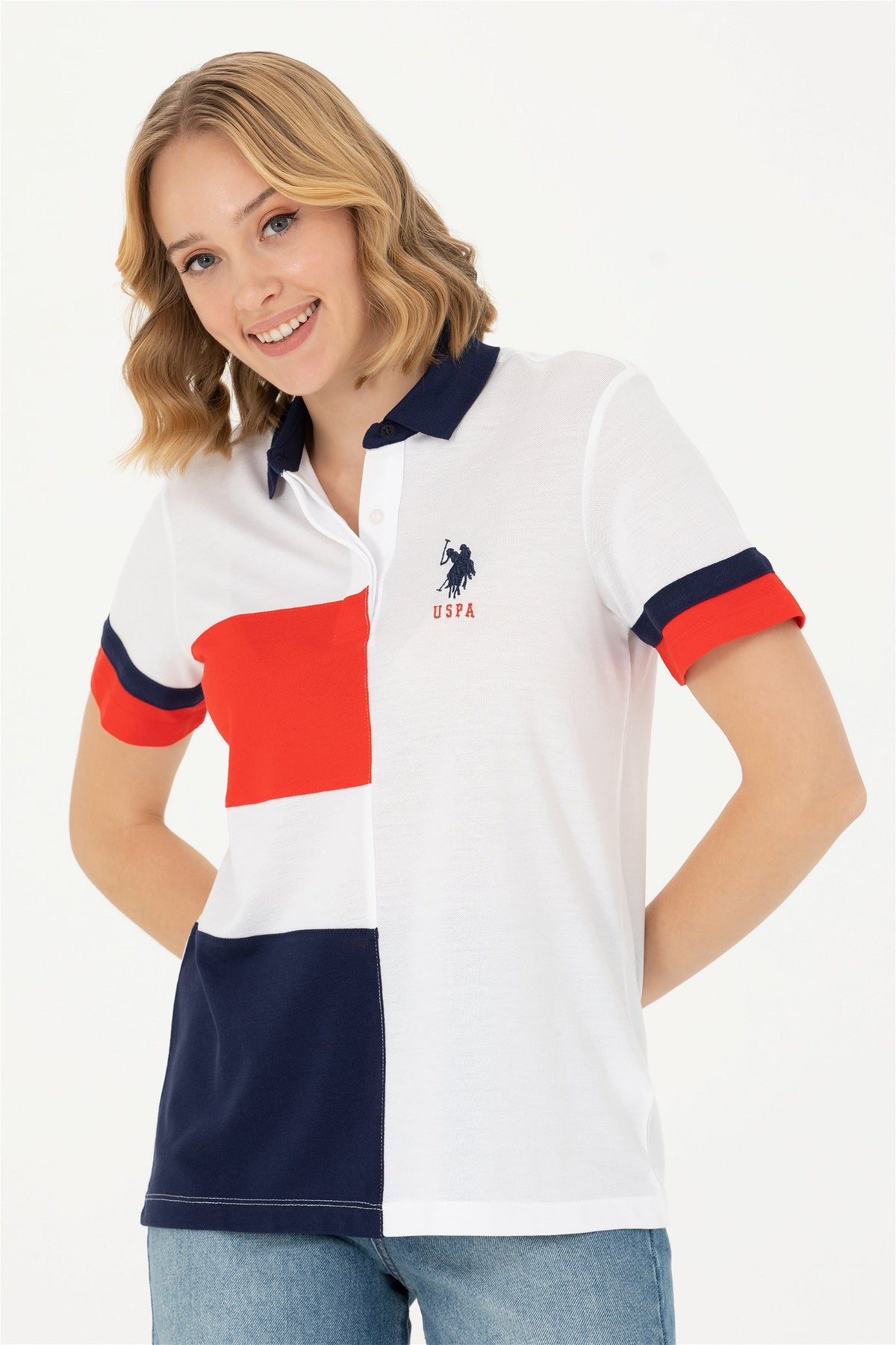 U.S. Polo Assn. bijela ženska polo majica u blokovima boja s velikim logom