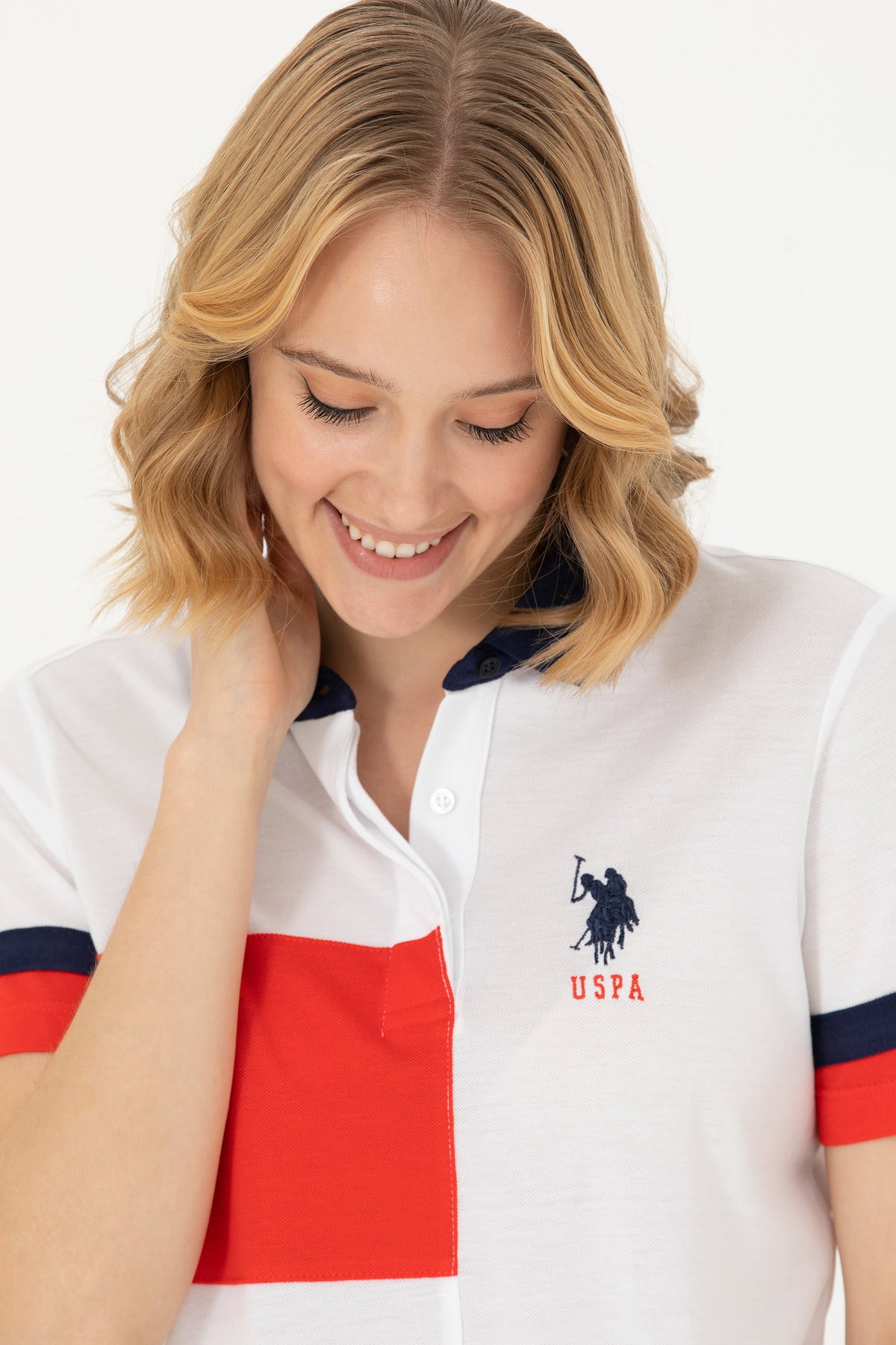 U.S. Polo Assn. bijela ženska polo majica u blokovima boja s velikim logom