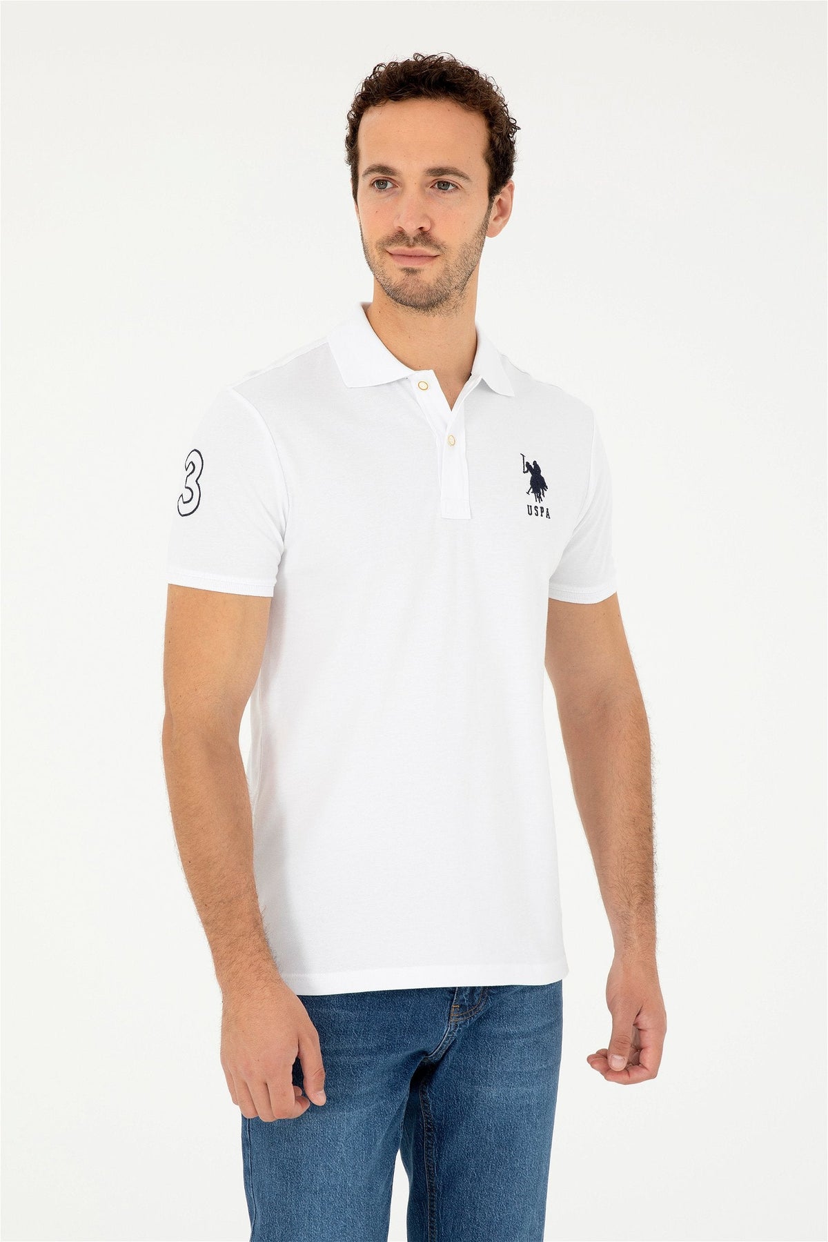 U.S. Polo Assn. bijela muška polo majica s brojem na rukavu