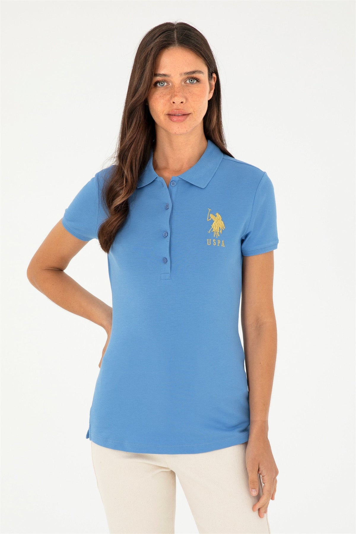 U.S. Polo Assn. plava ženska polo majica s velikim zlatnim logom