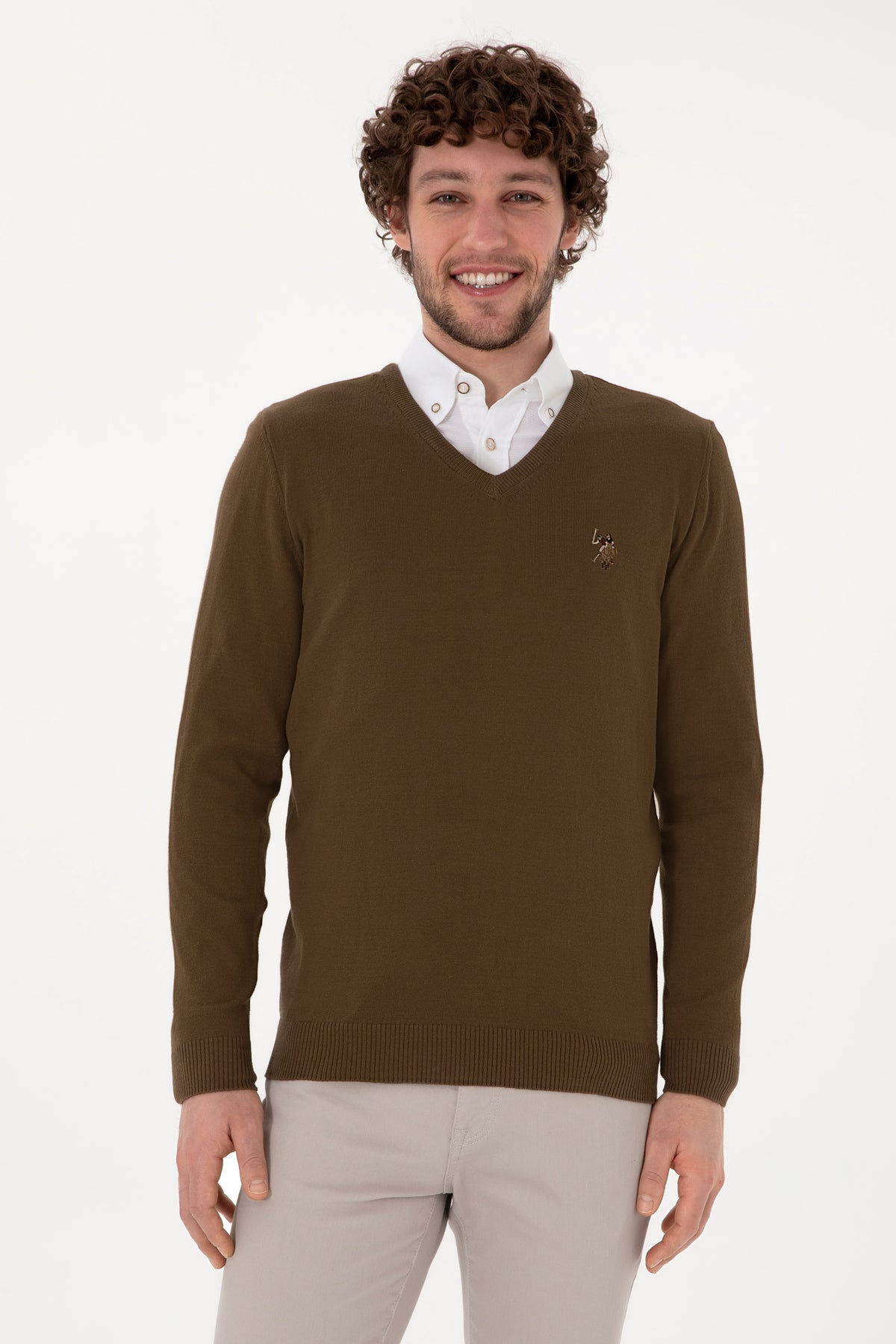 U.S. Polo Assn. kaki muški džemper s V-izrezom