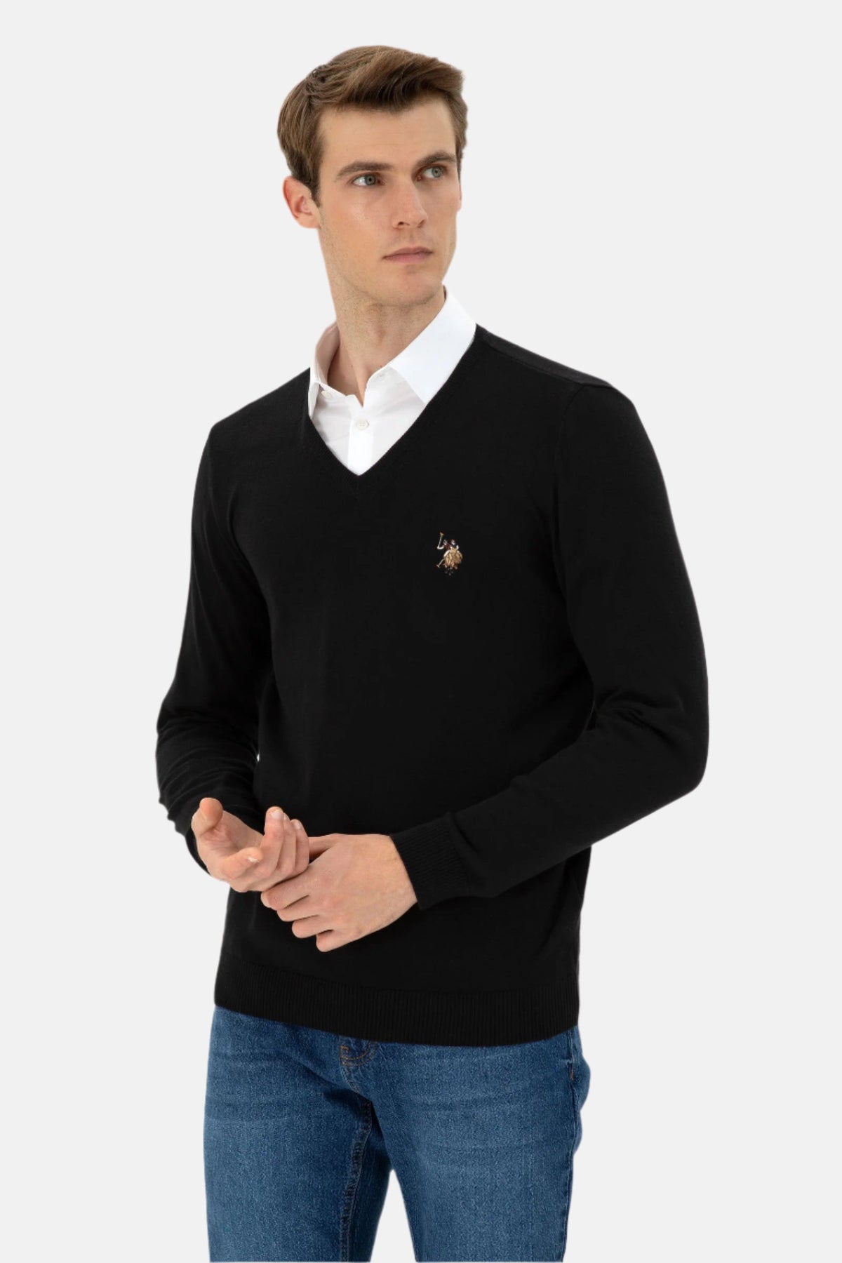 U.S. Polo Assn. crni muški džemper s V-izrezom