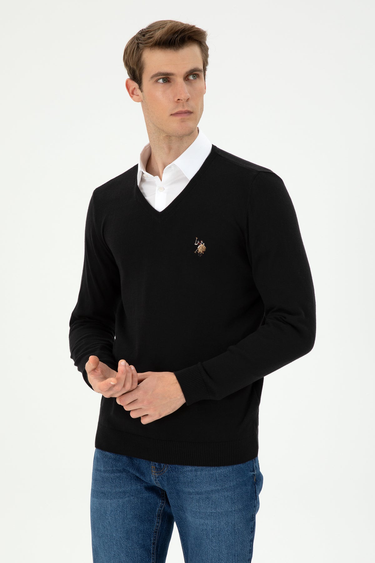 U.S. Polo Assn. crni muški uski pleteni džemper